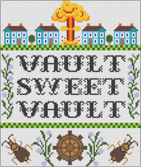 fallout cross stitch - brown, colorful, cross stitch, fallout, gold, green, vault