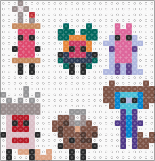 Objectified characters - tan,gray,pink,colorful,characters,objectified