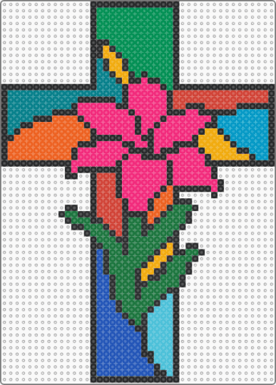 stained glass flower cross - green,orange,pink,cross,stained glass,flower