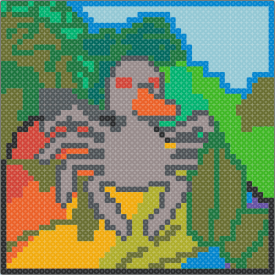 liminal space/weirdcore goose spider - green,gold,gray,orange,colorful