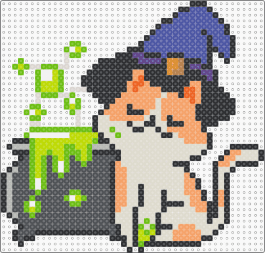 Witch Cat w Cauldron - gray,beige,green,orange,witch,witchy,cat,halloween