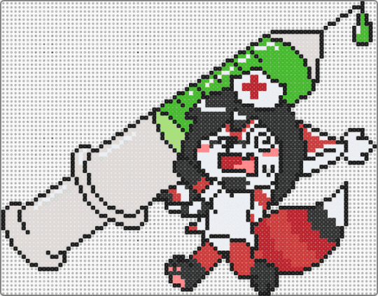 Renard holding a comically large syringe - beige,red,renard,renard queenston,lapfox,lapfox trax,halley labs