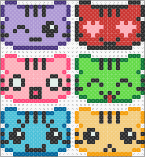 rainbow pixel cats - green, pink, red, yellow
