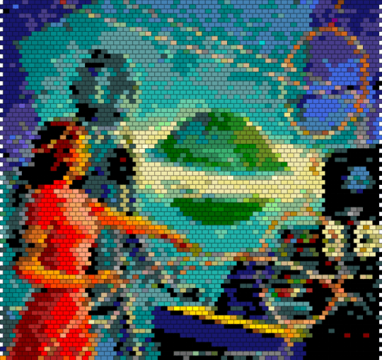 robot and a woman looking into space! - red,teal,blue,green,colorful