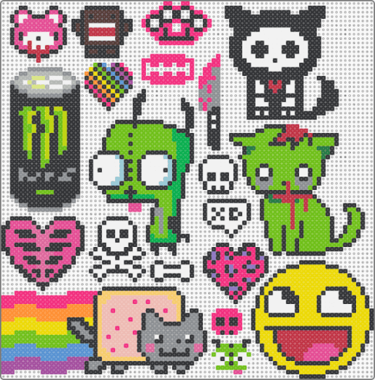 Scene/Emo Perler Charms !! :3 - black,pink,green,yellow,colorful,scene,scenecore,scene kid,emo,2000s,myspace,rainbow