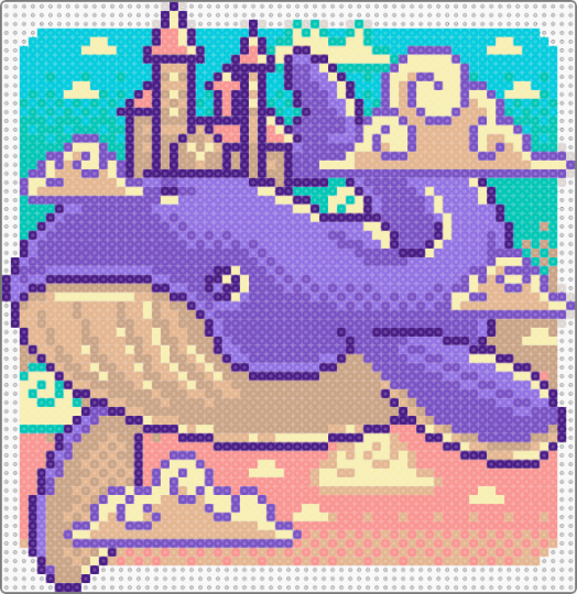 Sky Castle Whale - beige, castle, cozy, ocean, ocean life, purple, sea, sea creature, sky, whale