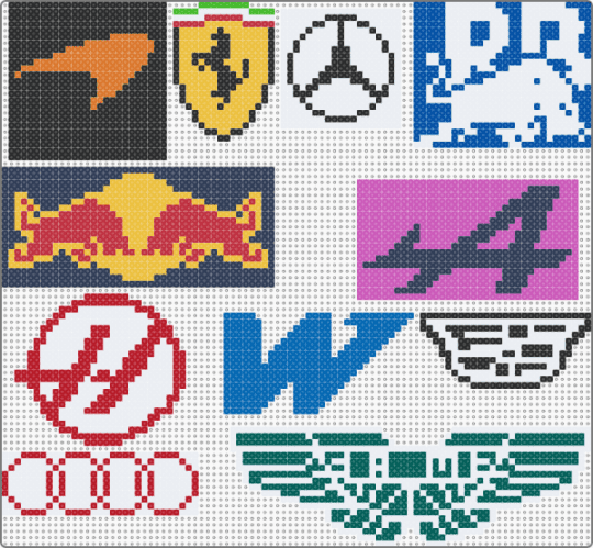 All f1 team logos - yellow,pink,blue,colorful,f1,racing,formula1,formulaone,logo,motorsport,car,cars