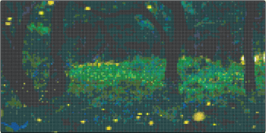 Fireflies in a forest night - black,gray,gold,green