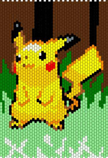 Pikachu in Viridian Forest - brown, teal, yellow