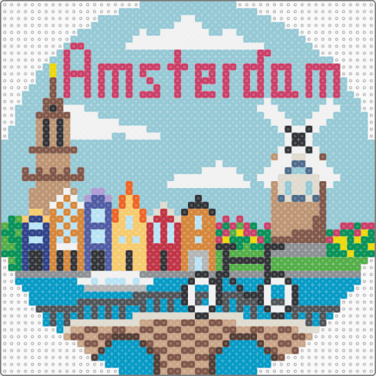 Amsterdam - light blue,beige,bike,windmill,canal,buildings,bridge,tulips,clouds