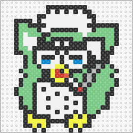 furby smoking a cig - furby,cigarette,nostalgia,quirky,playful,character,humor,edge,green,white
