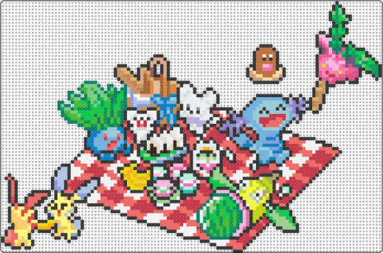 Pokemon Picnic - red,light blue,pink,green,colorful,pokemon,cute,picnic,food,hoppip,oddish,diglett,weepinbell