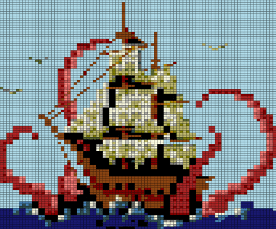 Giant Squid - light blue,red,beige,squid,kraken,ship,boat,painting