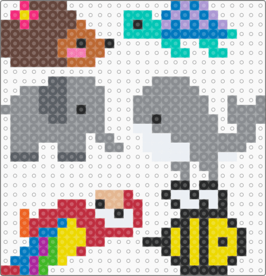 animals - hedgehog, turtle, whale, bee, parrot, elephant - brown,yellow,gray,red