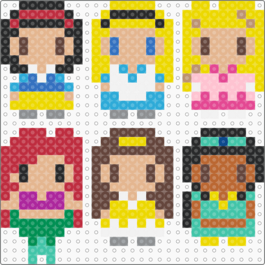 Disney princesses - snow wihite, alice, rapunzel, ariel, belle, jasmine - red,brown,beige,yellow