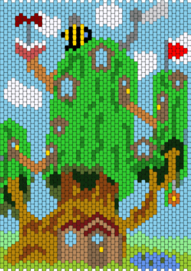 Tree house - gold, green, light blue, tan