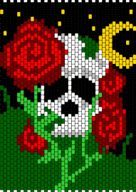 skull in grass with roses at night - roses,skull,flowers,night,gothic,dark,spooky,halloween,panel,moon,green,red,whit