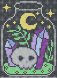 Skull in a jar - black, dark, gems, gray, green, jar, moon, night, panel, purple, skull, yellow