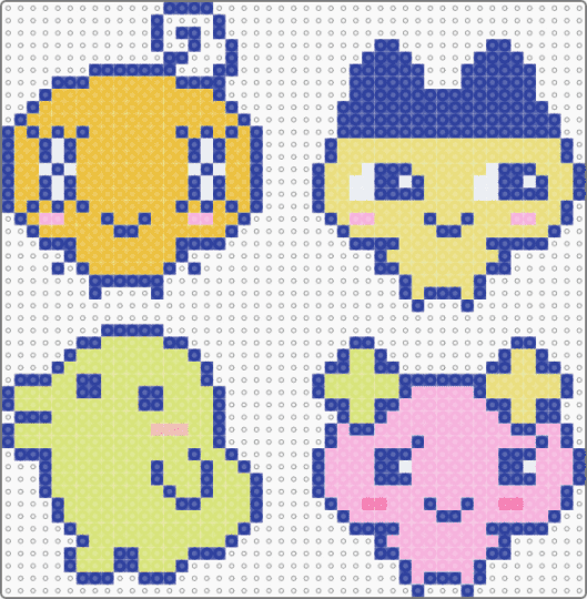 memetchi, mametchi, kuchipatchi, flowertchi - purple,yellow,tamagotchi,cute,kawaii,video game,animal,animals