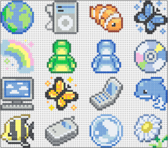 frutiger aero charms set - 2000s, blue, charm, colorful, computer, fish, icons, light blue, msn, tech, windows 7, yellow
