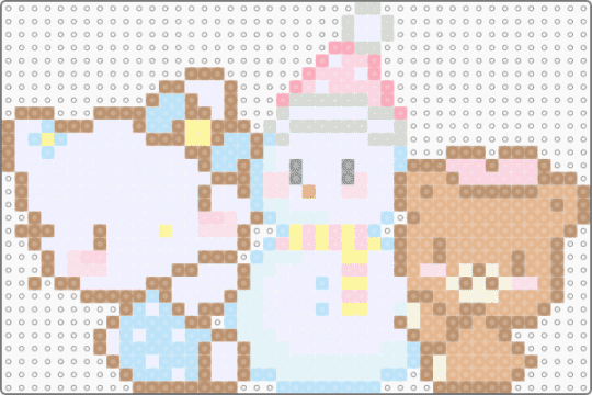 hello kitty and tiny chum building snowman - animal animals, beige, christmas winter, cute kawaii, kitten, kitty cat, light blue, snow man, teddy bear, white