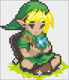 Link sitting on grass - link,legend of zelda,video game,character,adventure,green,blonde,yellow