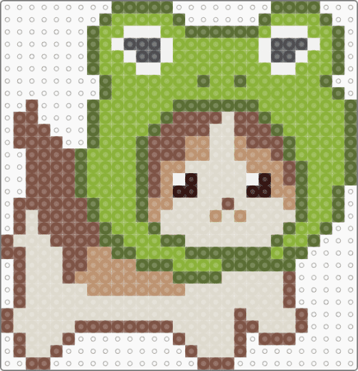 Kitty with froggy cap - tan,gold,beige,green