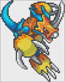 Flamedramon - Digimon World DS sprite (v2) - flamedramon,digimon,character,gaming,claws,armor,teal,orange,yellow