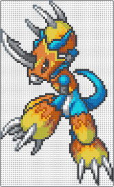 Flamedramon - Digimon World DS sprite (v1) - flamedramon,digimon,character,gaming,claws,armor,teal,orange,yellow