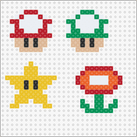 Mini Mario characters 3 - 1up,mushrooms,star,fire flower,mario,video game,simple,nintendo,colorful,green,tan,gold
