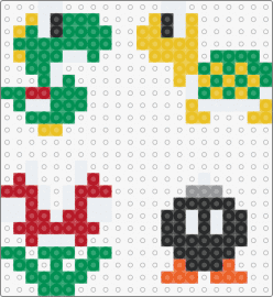 Mini Mario characters 2 - yoshi,bobomb,piranha plant,turtle,mario,nintendo,video game,simple,colorful,gree