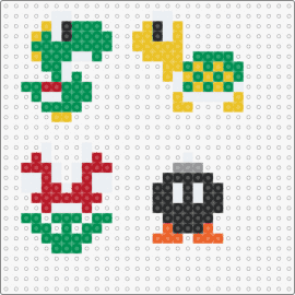 Mini Mario characters 2 - yoshi,bobomb,piranha plant,turtle,mario,nintendo,video game,simple,colorful,green