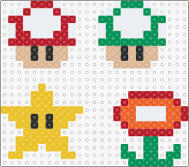 Mini Mario characters 3 - 1up,mushrooms,star,fire flower,mario,video game,simple,nintendo,colorful,green,t