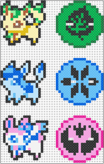 Leafeon, Glaceon and Sylveon with a base - blue, green, light blue, pink