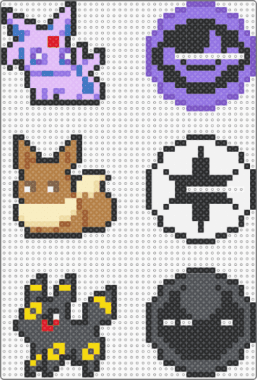 Eevee, Espeon, and Umbreon with a base - black, blue, colorful, gray, pink