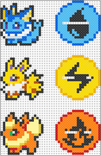Vaporeon, Jolteon and Flareon with a base - light blue, orange, yellow