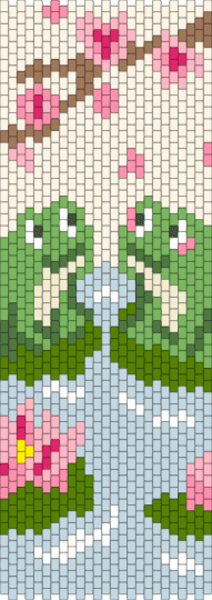Frogs on a pond - green, pink, white