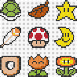 Items 2 - shell,feather,mario,leaf,flower,star,moon,nintendo,video game,yellow,orange,tan,green