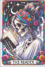 The reader - reader,tarot,psychic,skeleton,card,book,colorful,gray