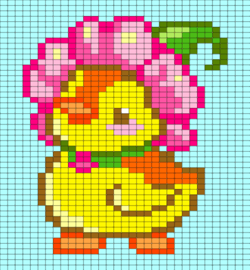 Duck with flower hat - animal, animals, cute, duck, flower, light blue, pink, spring, summer, tapestry, yellow