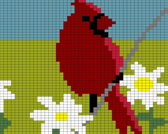 Cardinal and daisies - green, red, teal