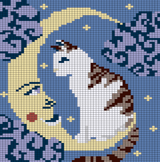 cat and the moon! - blue, pink, yellow