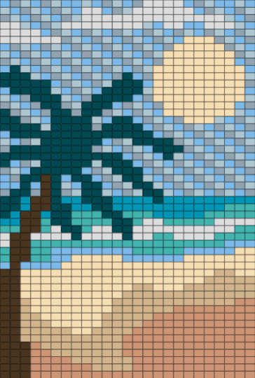 Beach landscape - beach, beige, light blue, ocean, palm tree, sun, waves