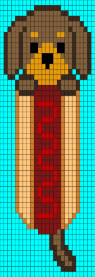 Dachshund in a hotdog - brown, light blue, orange