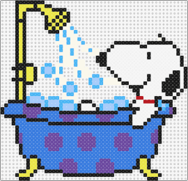 Snoopy in the bath 2 - snoopy,bath,shower,tub,peanuts,bubbles,water,polka dots,dog,blue,purple,yellow,white