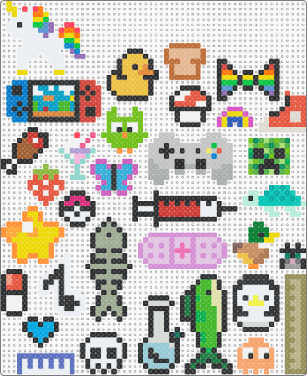 mini trinkets - fish,bandaid,piano,bong,heart,star,pokeball,syringe,duck,penguin,pill,turtle,controller,butterfly,ruler,milkshake,pacman,creeper,mushroom,animal,food,light blue,yellow,pink,gray,colorful,cute,misc