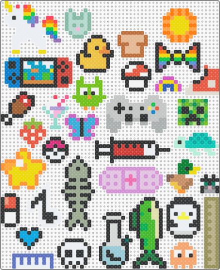 mini trinkets - animal, bandaid, bong, butterfly, colorful, controller, creeper, cute, duck, fish, food, heart, light blue, milkshake, misc, mushroom, pacman, penguin, piano, pill, pink, pokeball, ruler, star, syringe, turtle, yellow