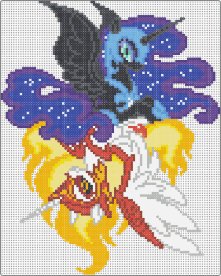 Nightmare Moon and Daybreaker - purple,orange,yellow,red