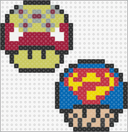 Brainiac and Bizarro shrooms - brainiac,bizarro,super friends,mushrooms,mario,mashup,red,blue,yellow