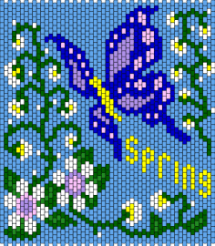 spring - spring,butterfly,flowers,vine,panel,nature,bloom,purple,blue,light blue,yellow,green